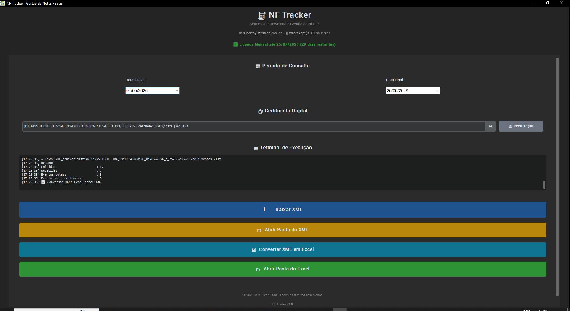 Interface do NF Tracker mostrando seleção de certificado, download automático e conversão para Excel